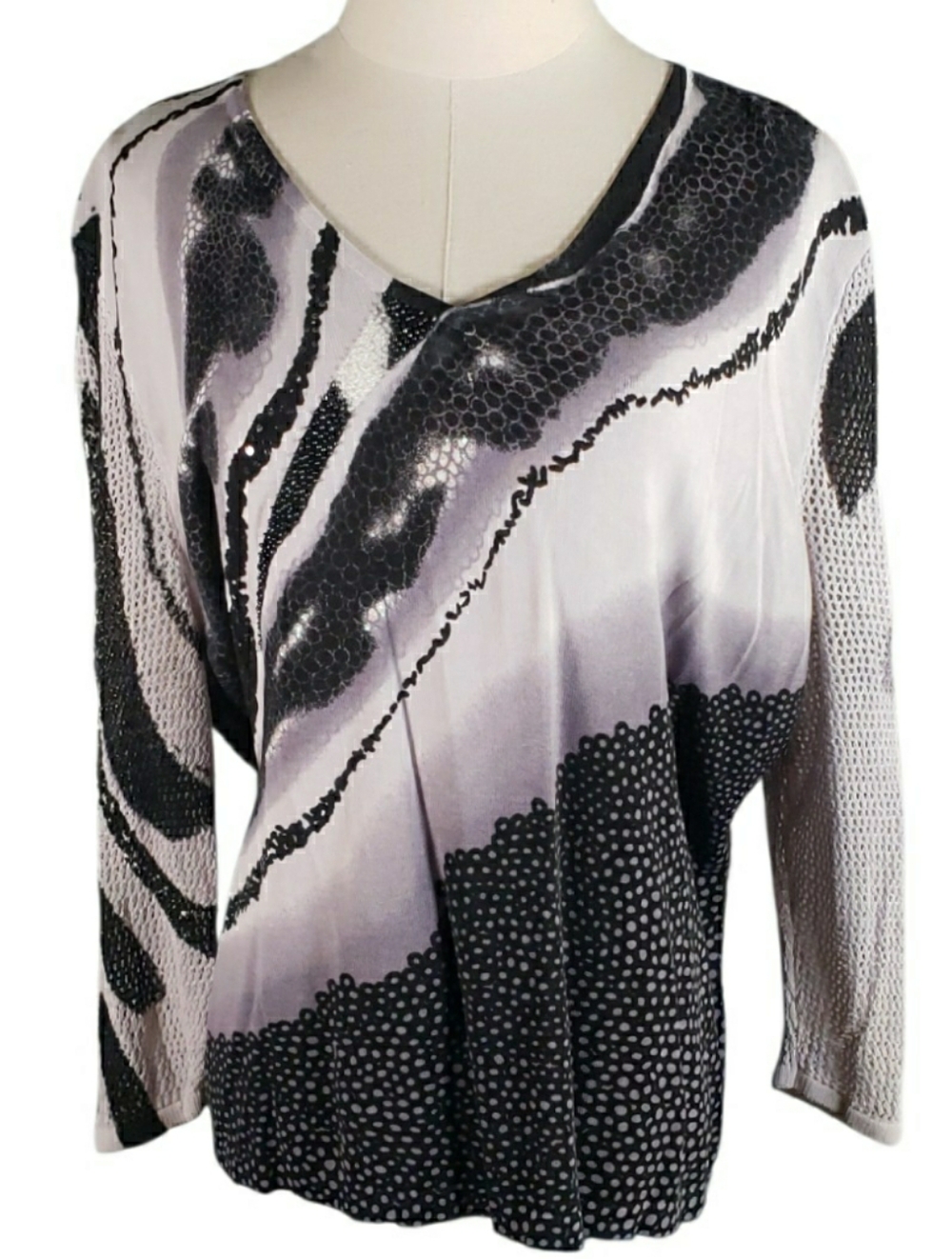 Peter Nygard Black & White Abstract V-Neck Long Sleeve Top L/XL Art 2 Wear Lagen